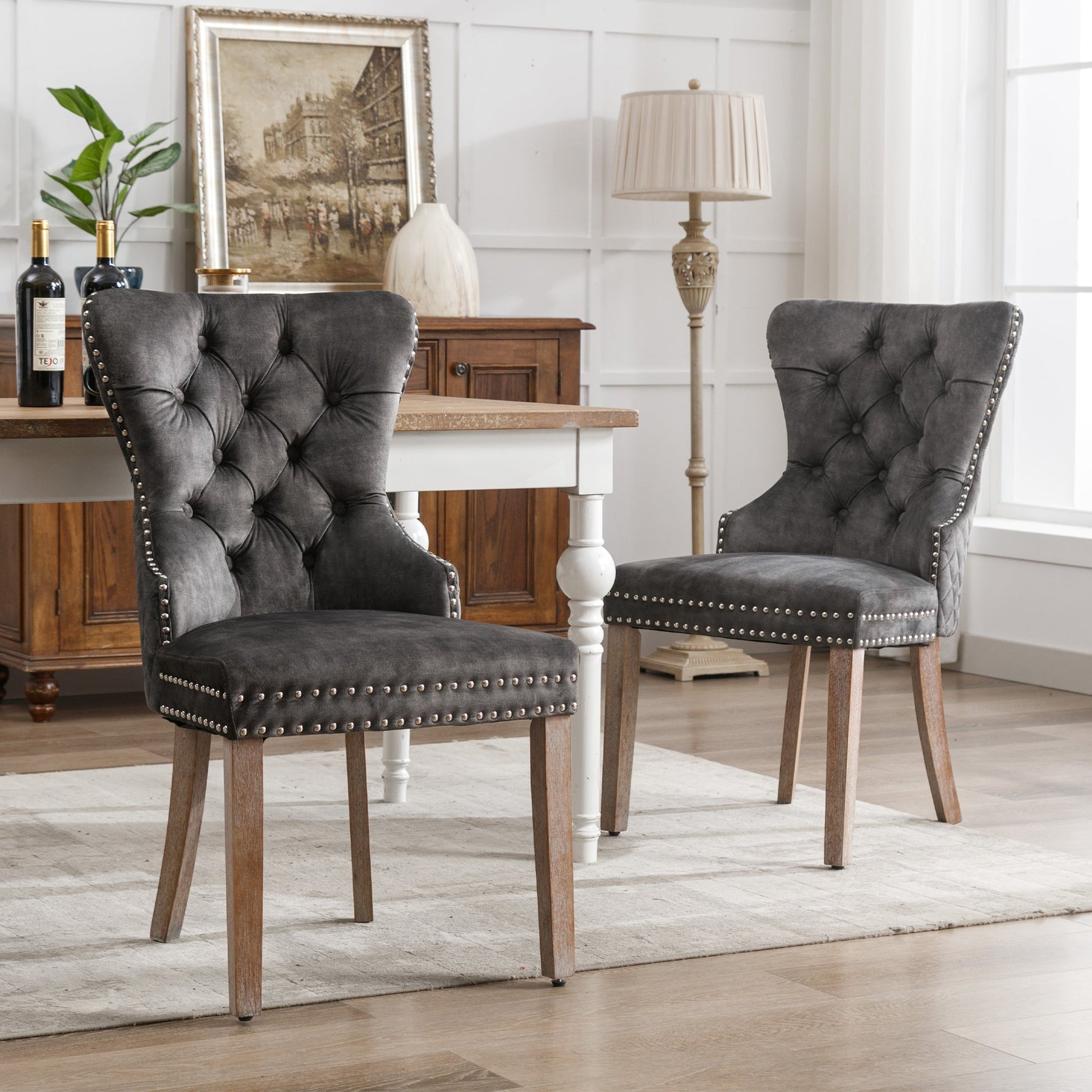 Dining Chair Set of 2 Upholstered Door Knocker Back Nailhead Trim Velvet, Grey