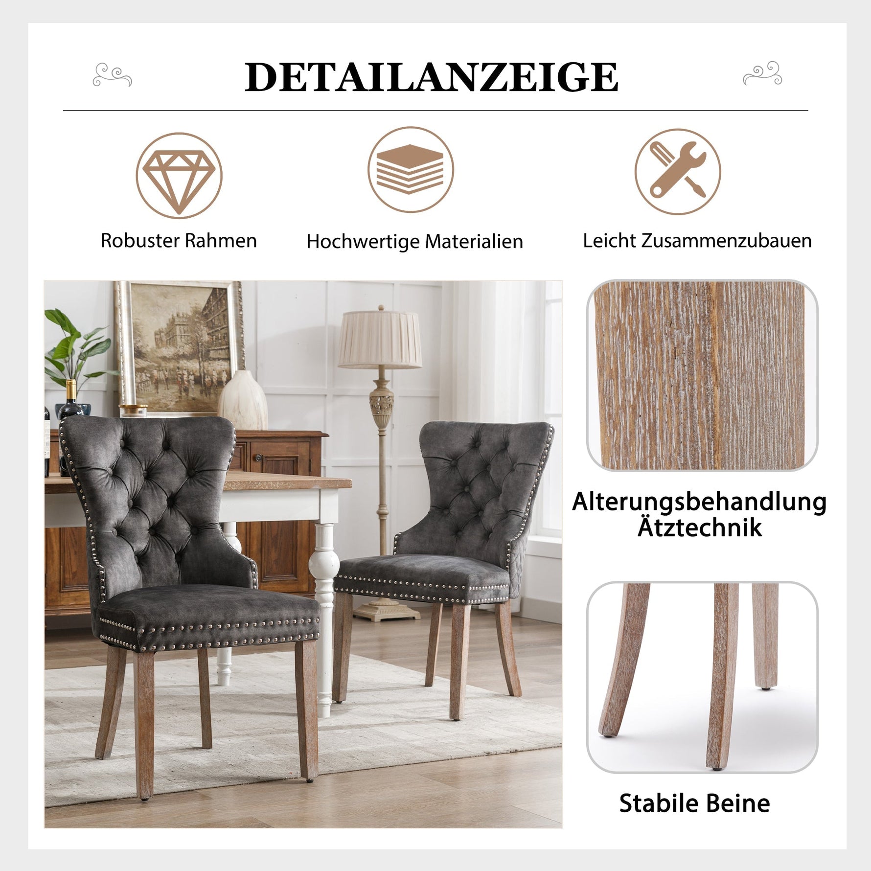 Dining Chair Set of 2 Upholstered Door Knocker Back Nailhead Trim Velvet, Grey