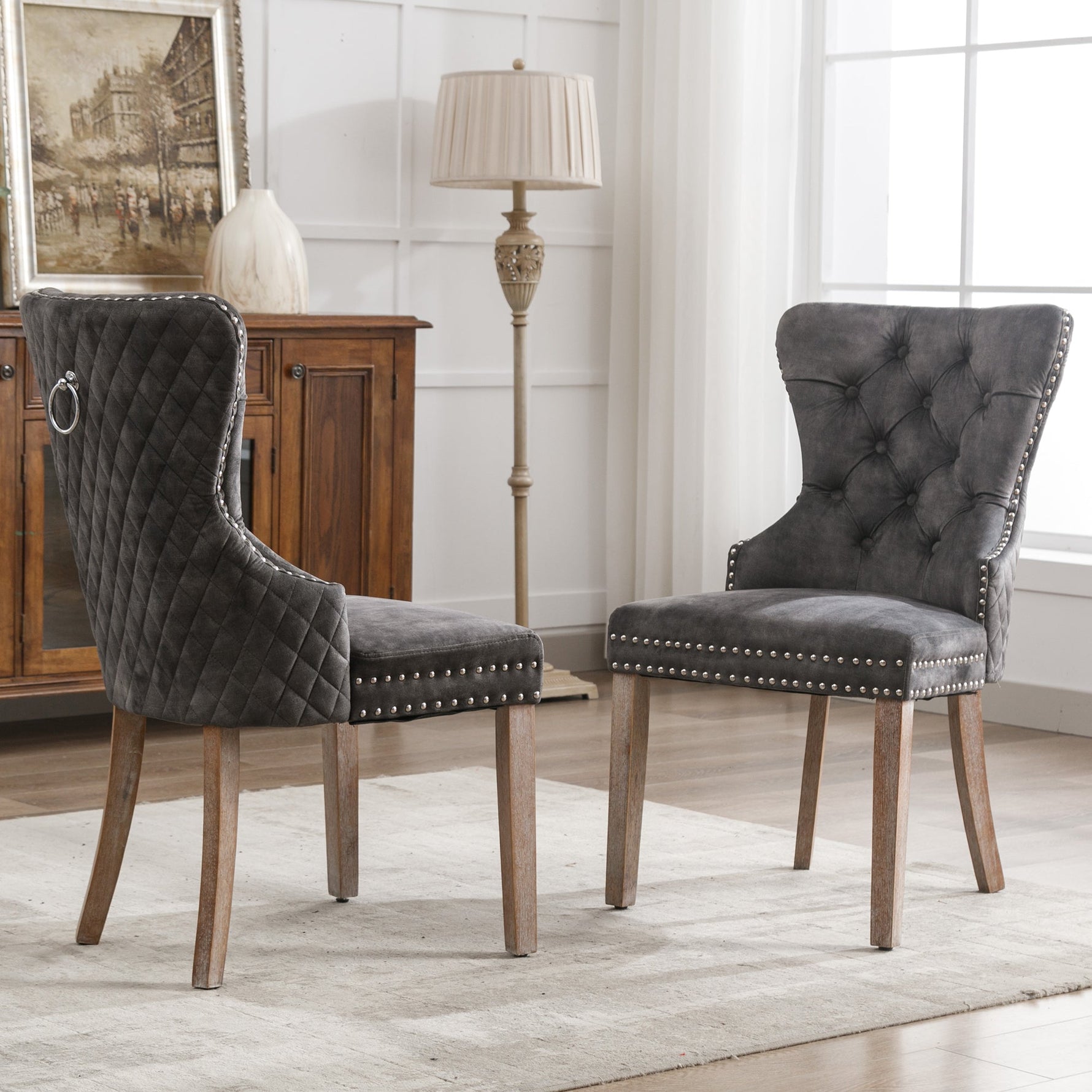 Dining Chair Set of 2 Upholstered Door Knocker Back Nailhead Trim Velvet, Grey
