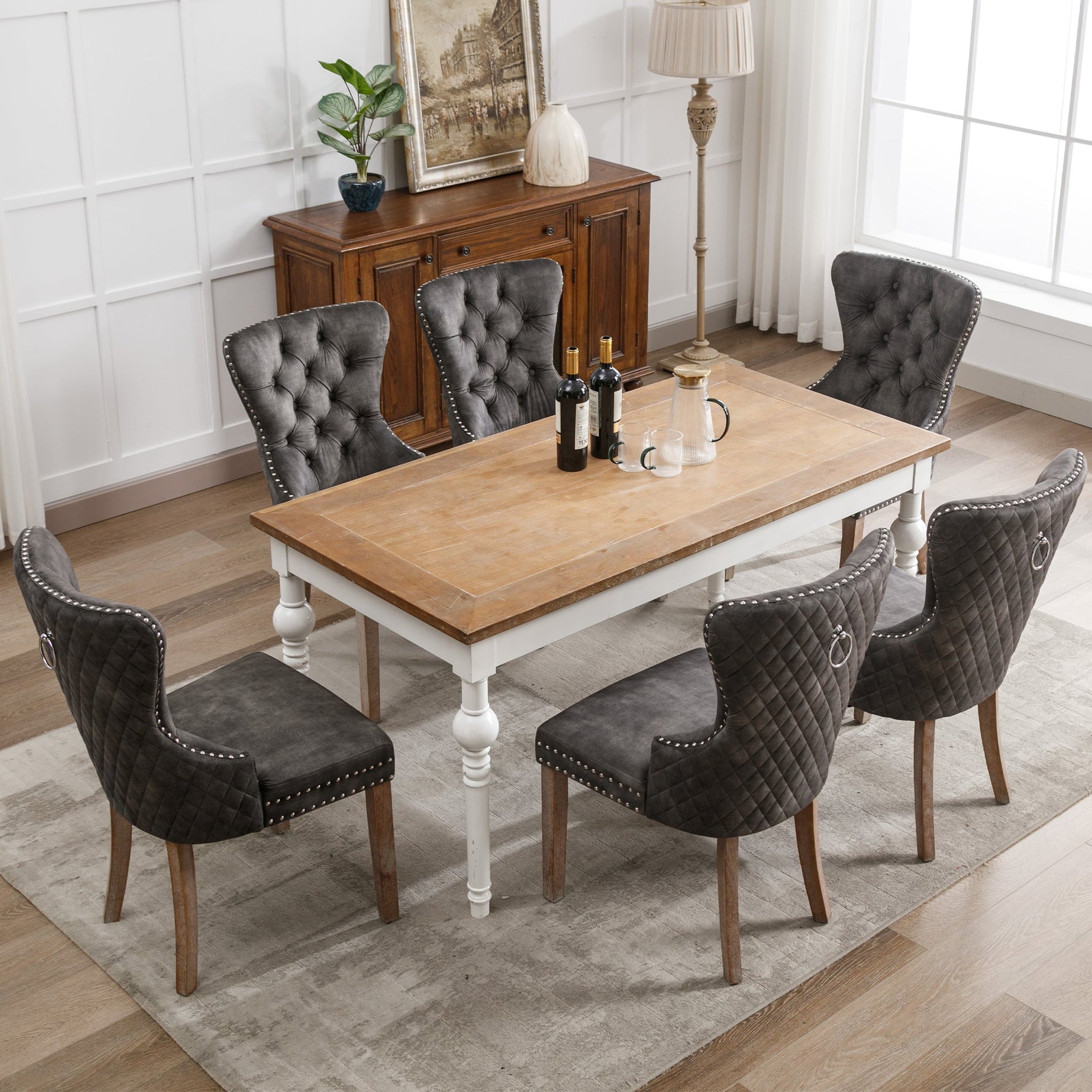 Dining Chair Set 6 Pieces Upholstered Nailhead Trim Door Knocker Back Solid Wood Grey Velvet