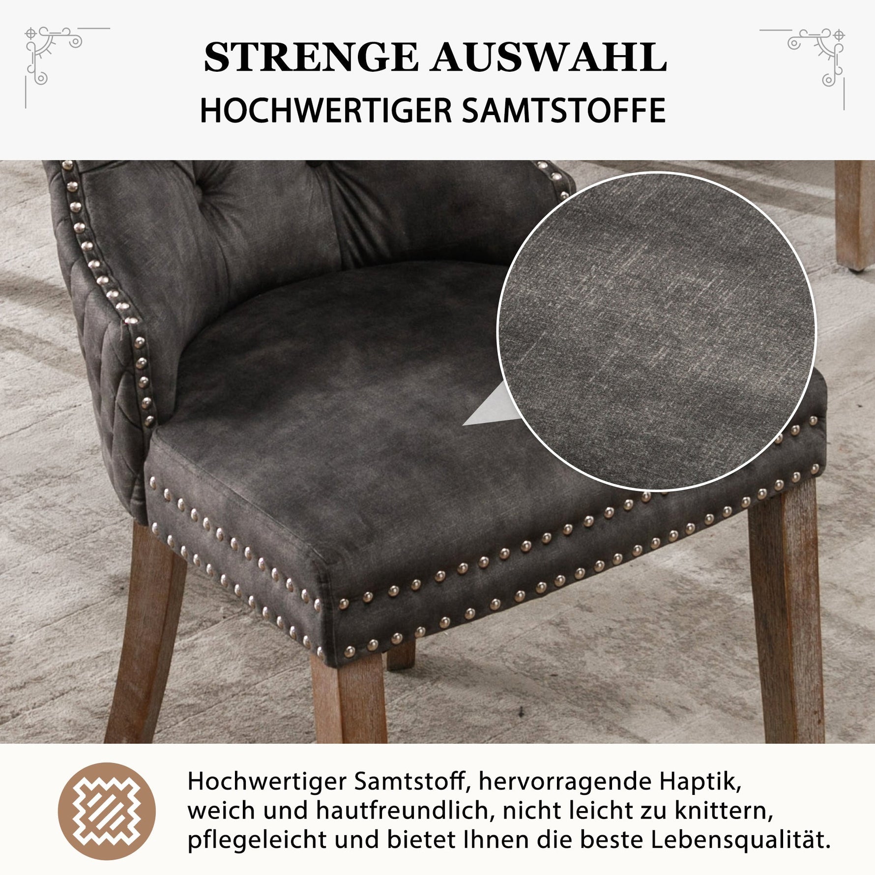 Dining Chair Set 6 Pieces Upholstered Nailhead Trim Door Knocker Back Solid Wood Grey Velvet