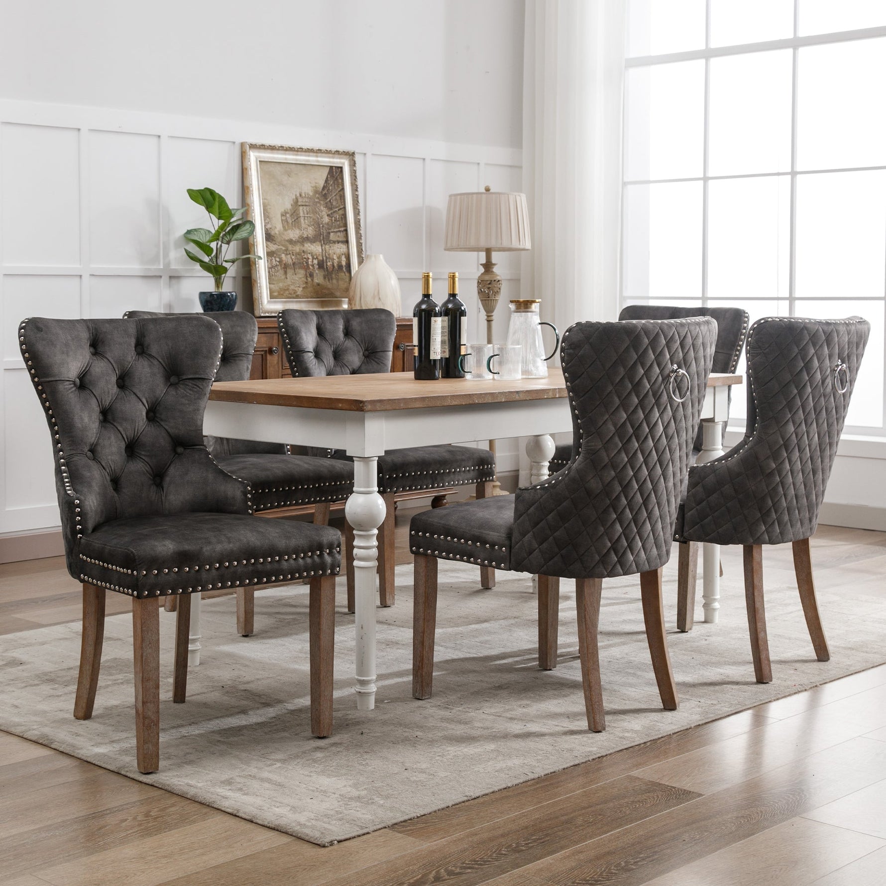 Dining Chair Set 6 Pieces Upholstered Nailhead Trim Door Knocker Back Solid Wood Grey Velvet