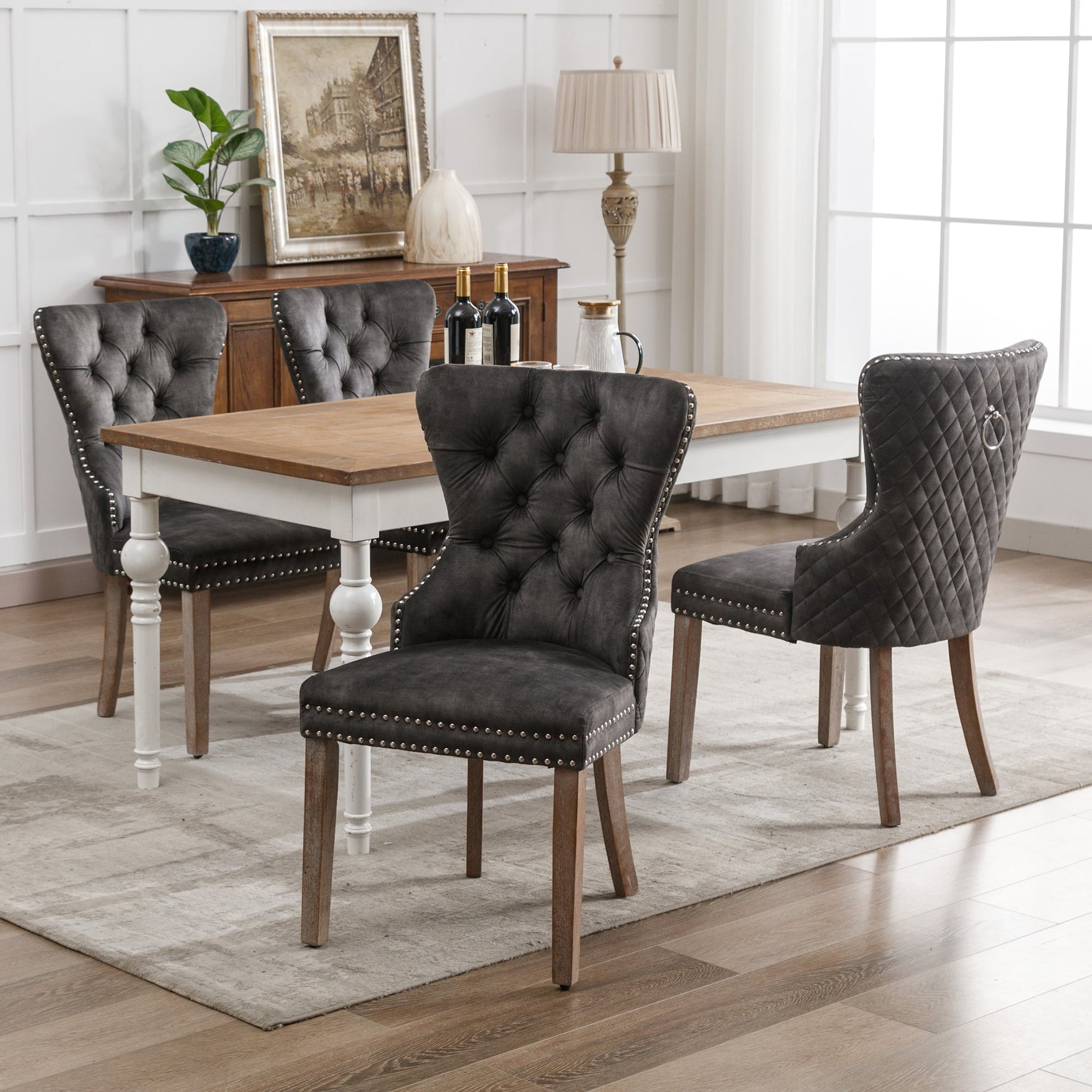 Set of 4 Dining Chairs Upholstered Door Knocker Back Solid Wood Grey Velvet