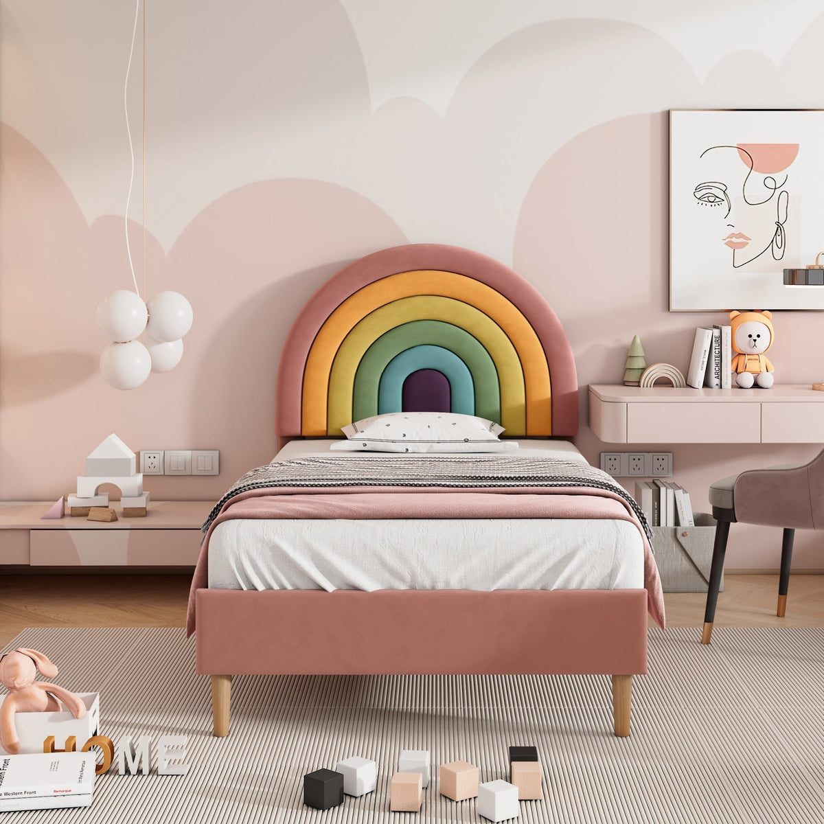 Upholstered Bed 90x200cm Height-Adjustable Headboard Slatted Base Velvet Pink