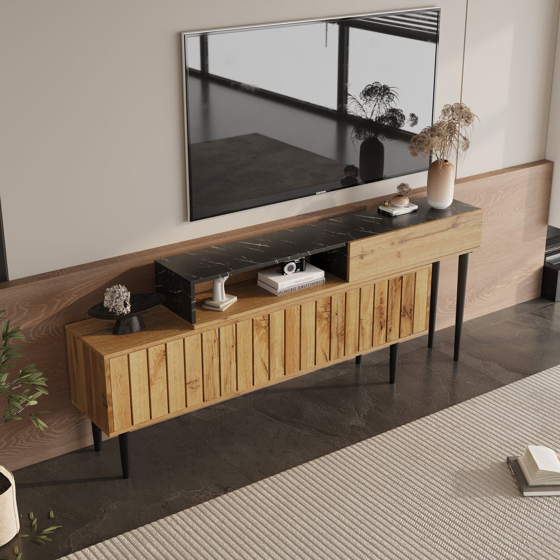Modern TV Stand, Marble & Wood Grain Design, Dark Wood Color