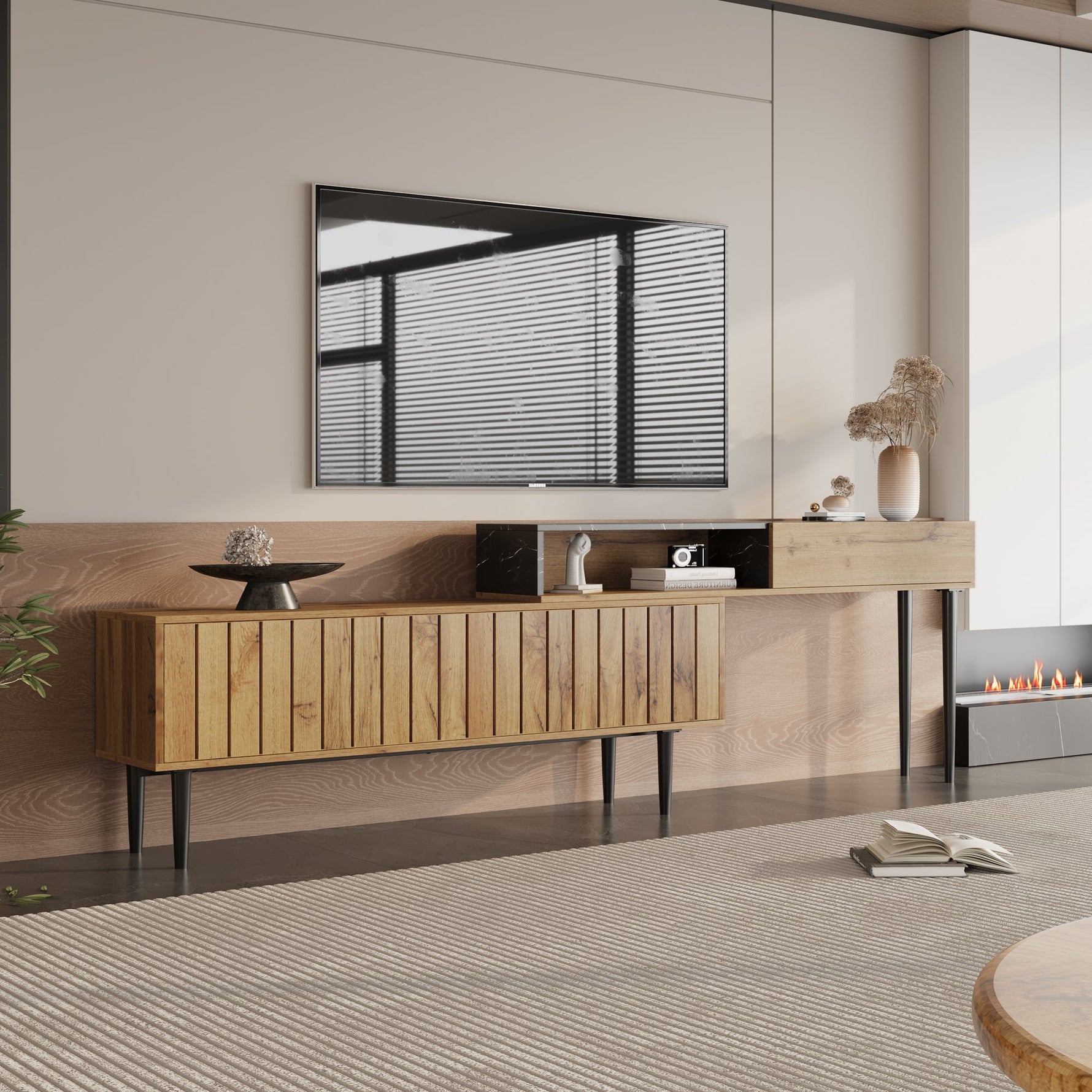 Modern TV Stand, Marble & Wood Grain Design, Dark Wood Color