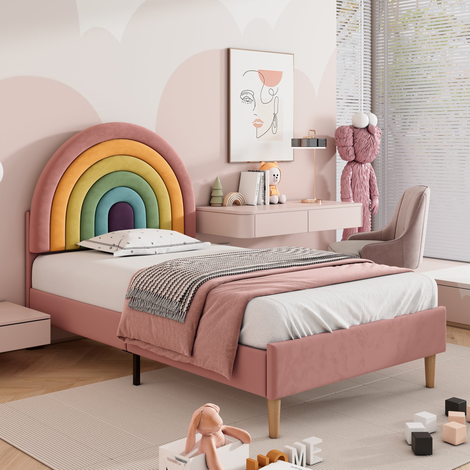 Upholstered Bed 90x200cm Height-Adjustable Headboard Slatted Base Velvet Pink