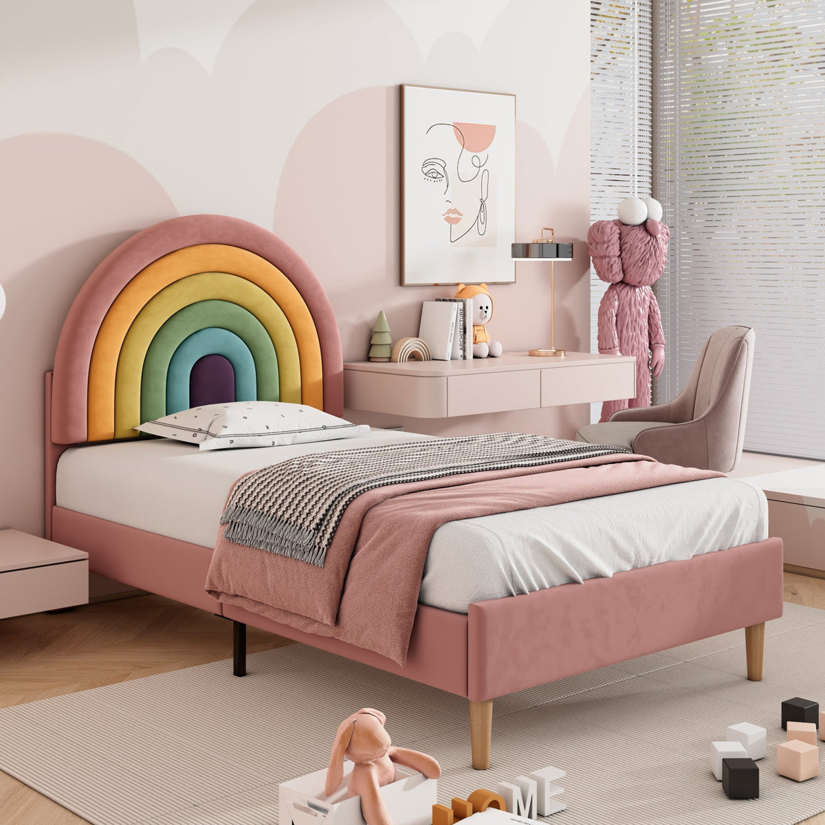Upholstered Bed 90x200cm Height-Adjustable Headboard Slatted Base Velvet Pink