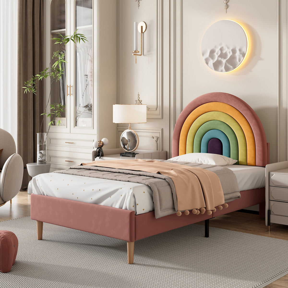 Upholstered Bed 90x200cm Height-Adjustable Headboard Slatted Base Velvet Pink