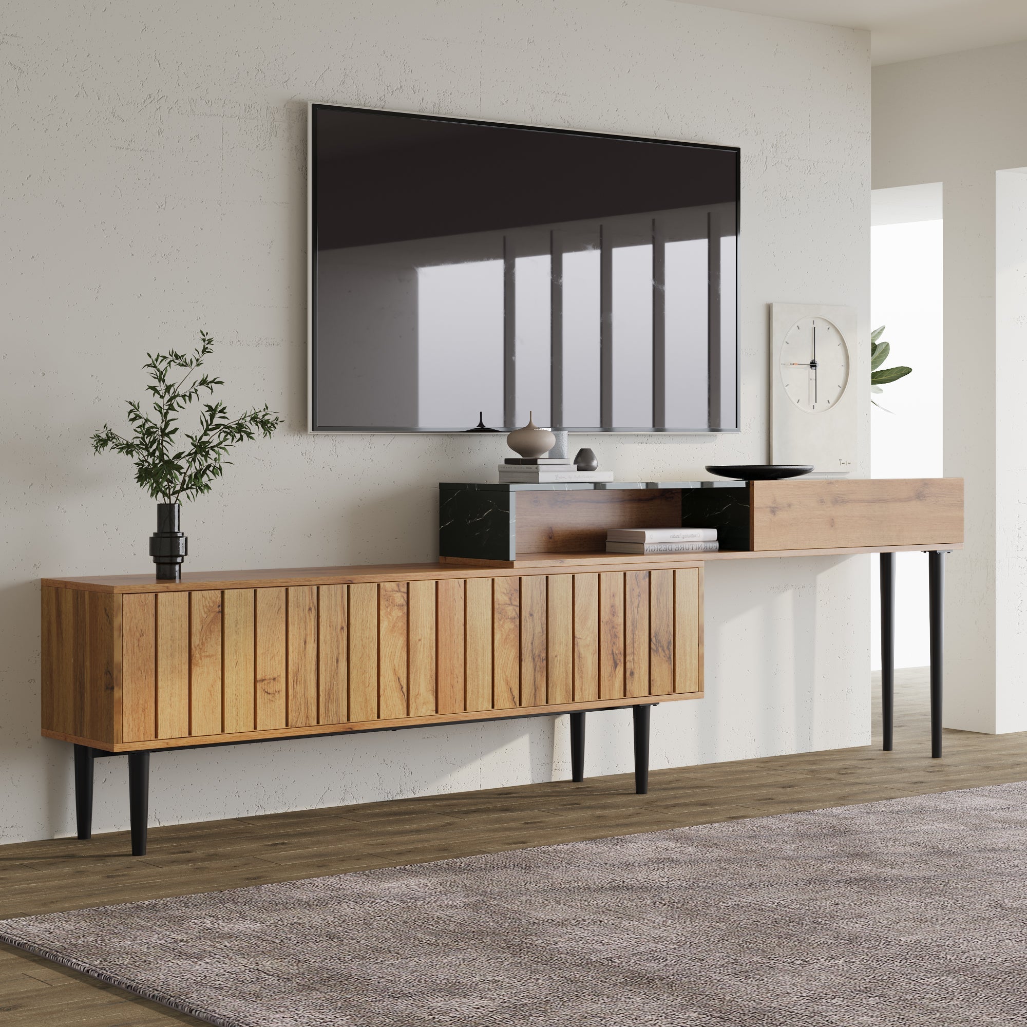 Modern TV Stand, Marble & Wood Grain Design, Dark Wood Color