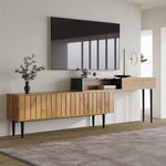 Modern TV Stand, Marble & Wood Grain Design, Dark Wood Color