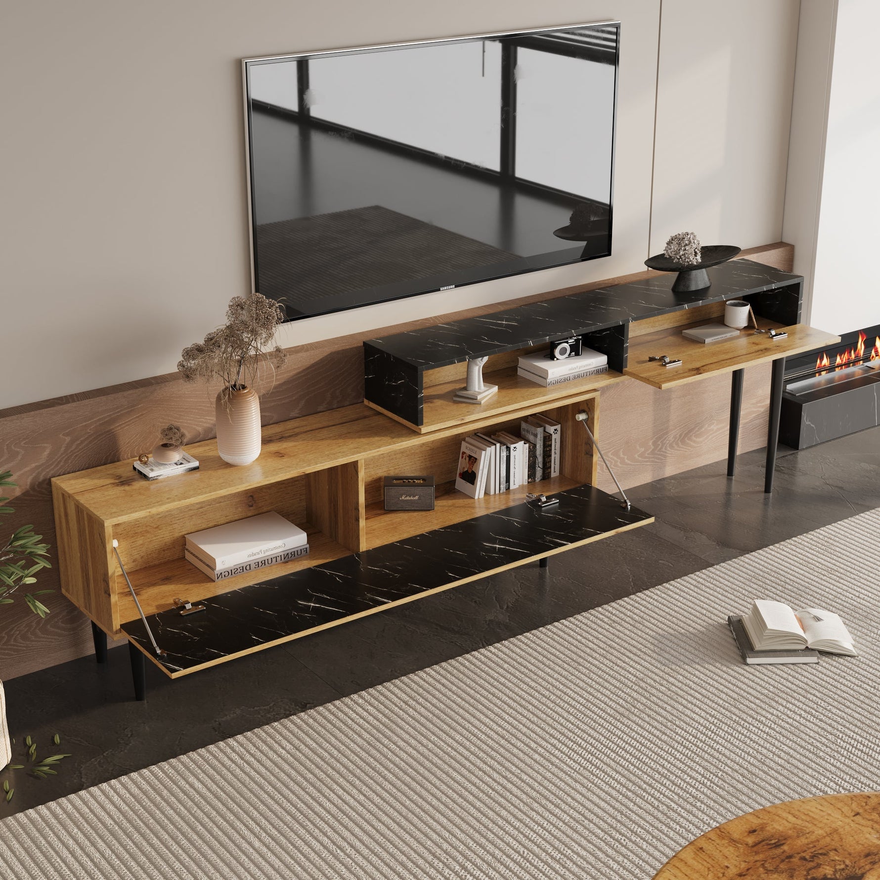 Modern TV Stand, Marble & Wood Grain Design, Dark Wood Color