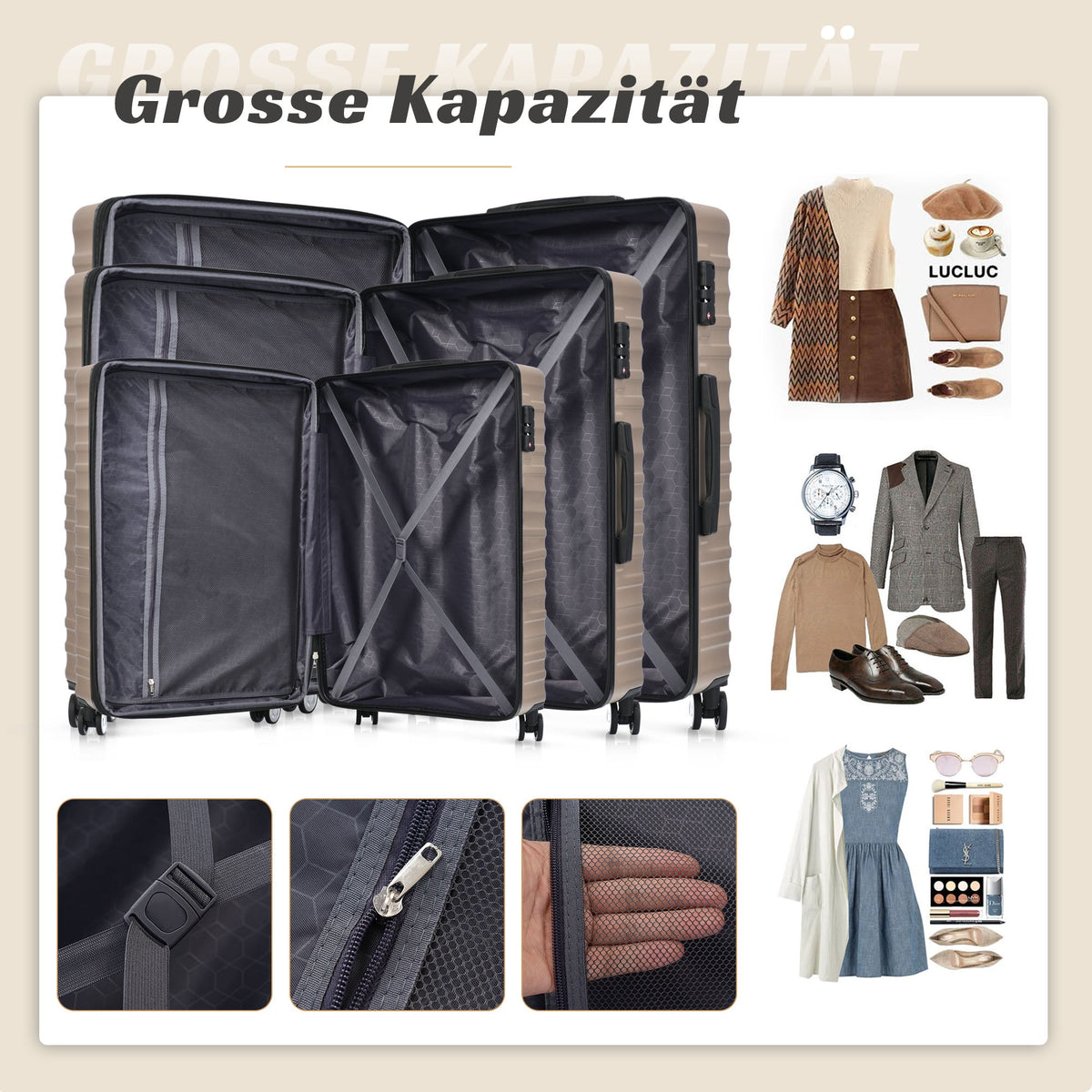 Luggage Set - Expandable, TSA Lock, Waterproof, Telescopic Handle, Gold ABS