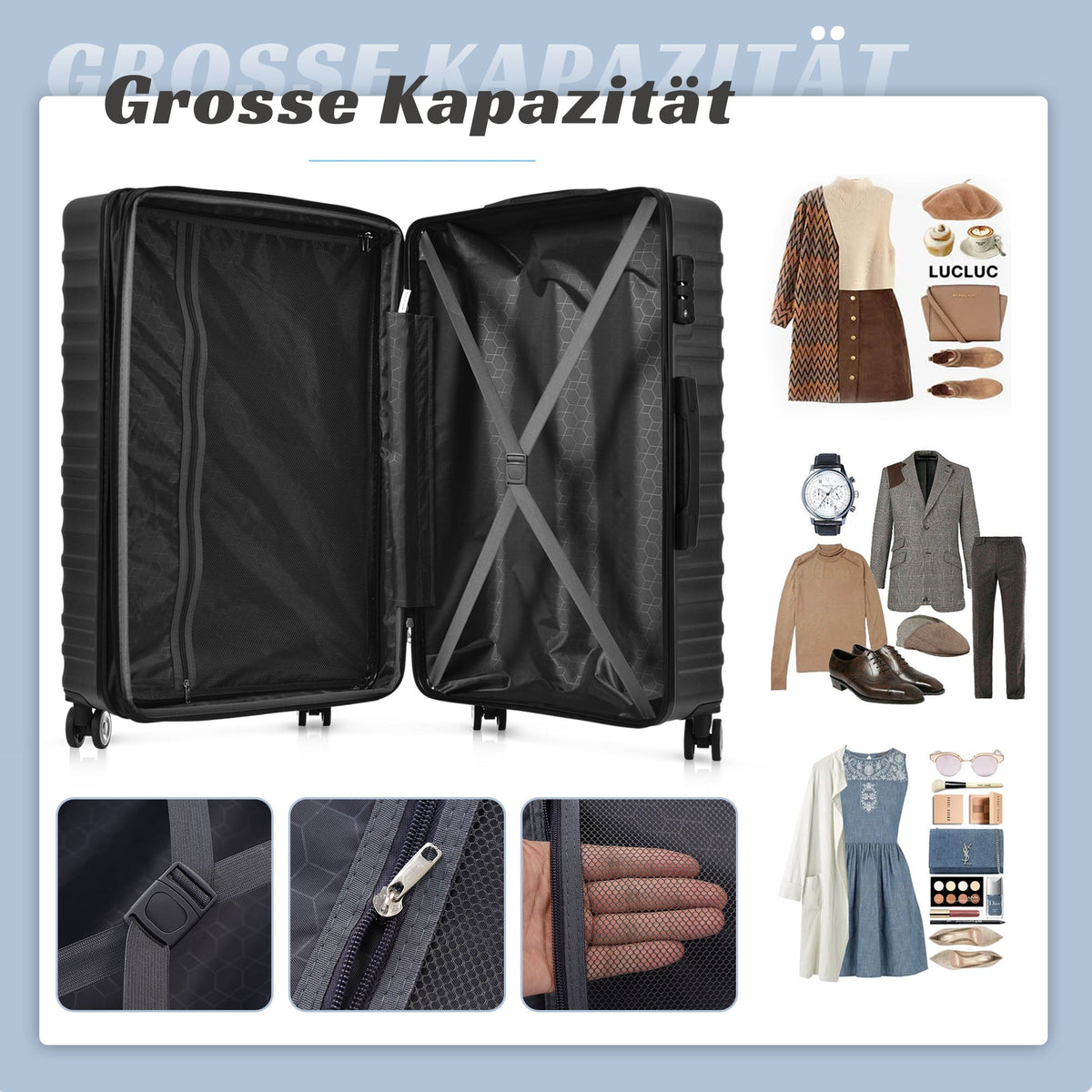 Luggage Set - Three Sizes, ABS Material, TSA Lock, Expandable, Black