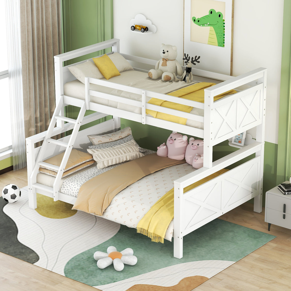 Convertible Bunk Bed with Ladder & Safety Railing - White Wood