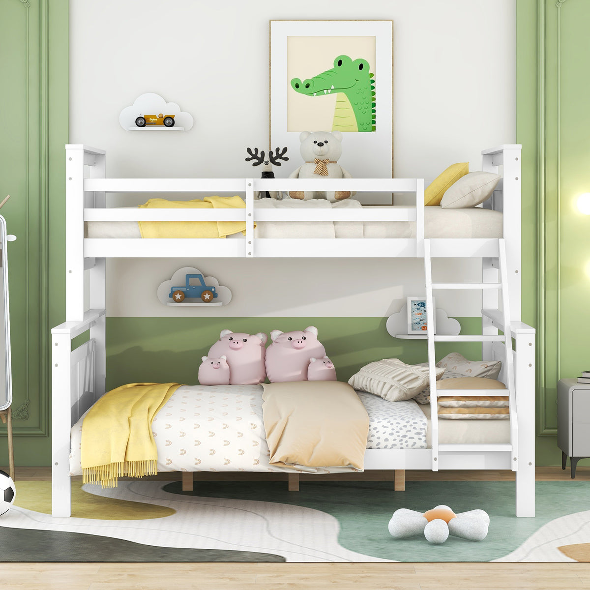 Convertible Bunk Bed with Ladder & Safety Railing - White Wood