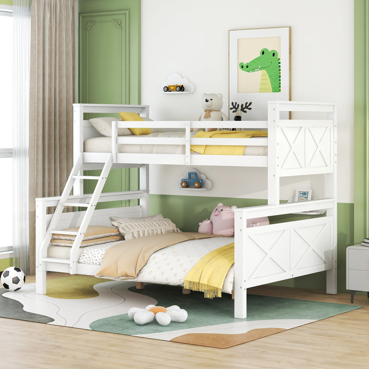 Convertible Bunk Bed with Ladder & Safety Railing - White Wood