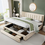 Upholstered Double Bed 180x200 with Storage Drawers, Beige Velvet
