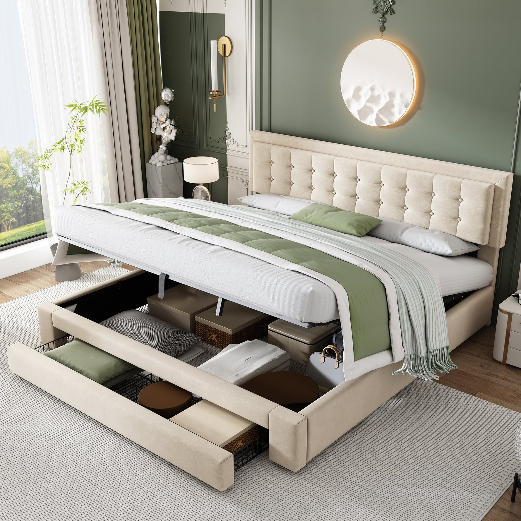 Upholstered Double Bed 160x200cm Storage Box Drawers Slatted Frame - Velvet Beige