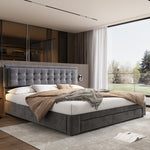 Upholstered Double Bed 180x200 with Storage Drawers, Grey Velvet