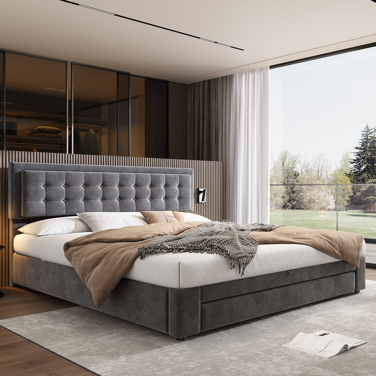 Upholstered Double Bed 180x200 with Storage Drawers, Grey Velvet