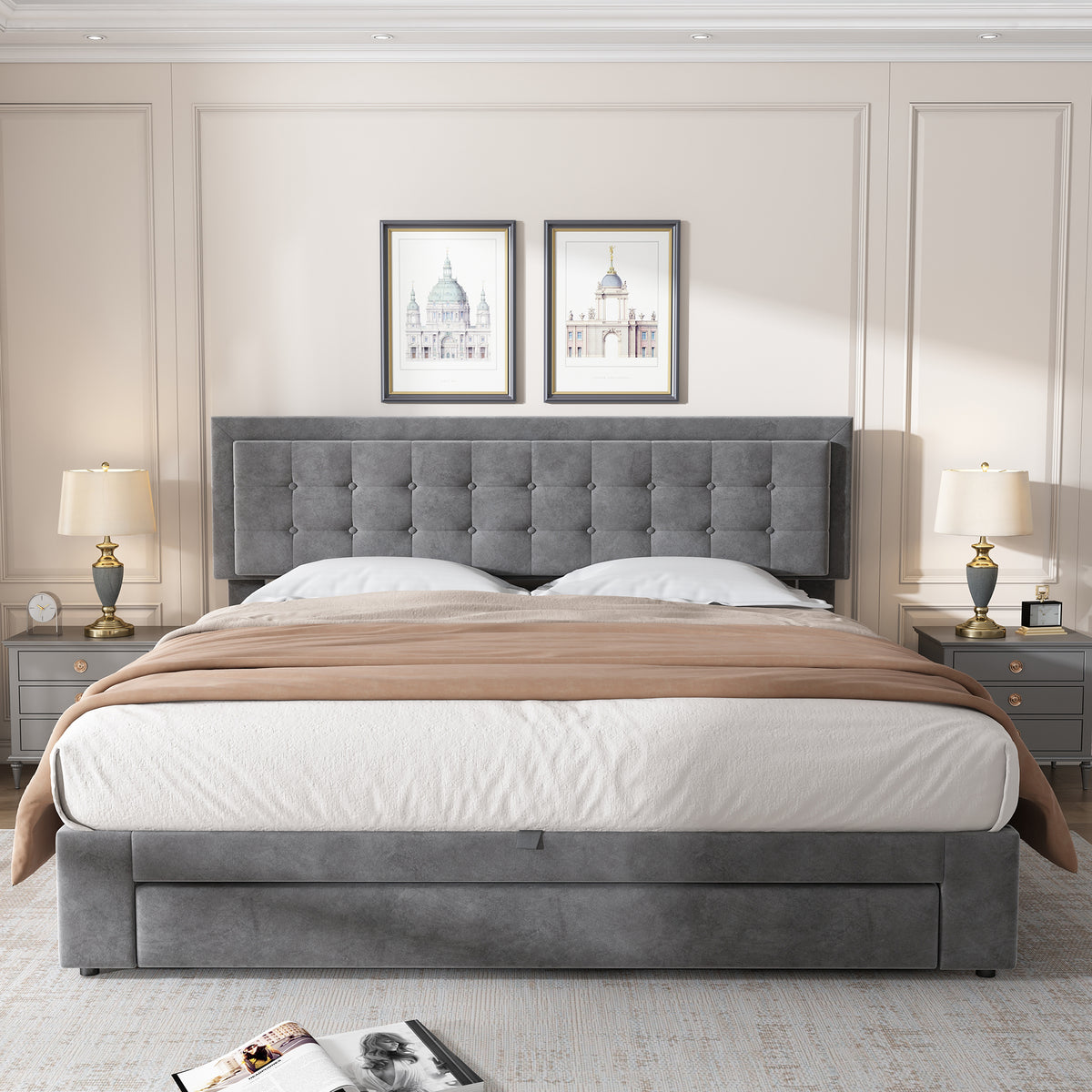 Upholstered Double Bed 180x200 with Storage Drawers, Grey Velvet