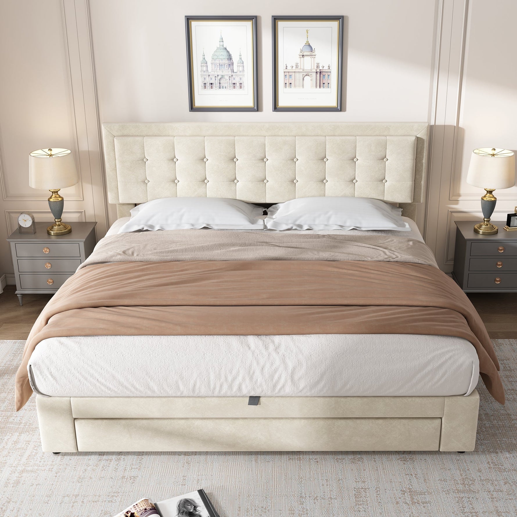 Upholstered Double Bed 160x200cm Storage Box Drawers Slatted Frame - Velvet Beige