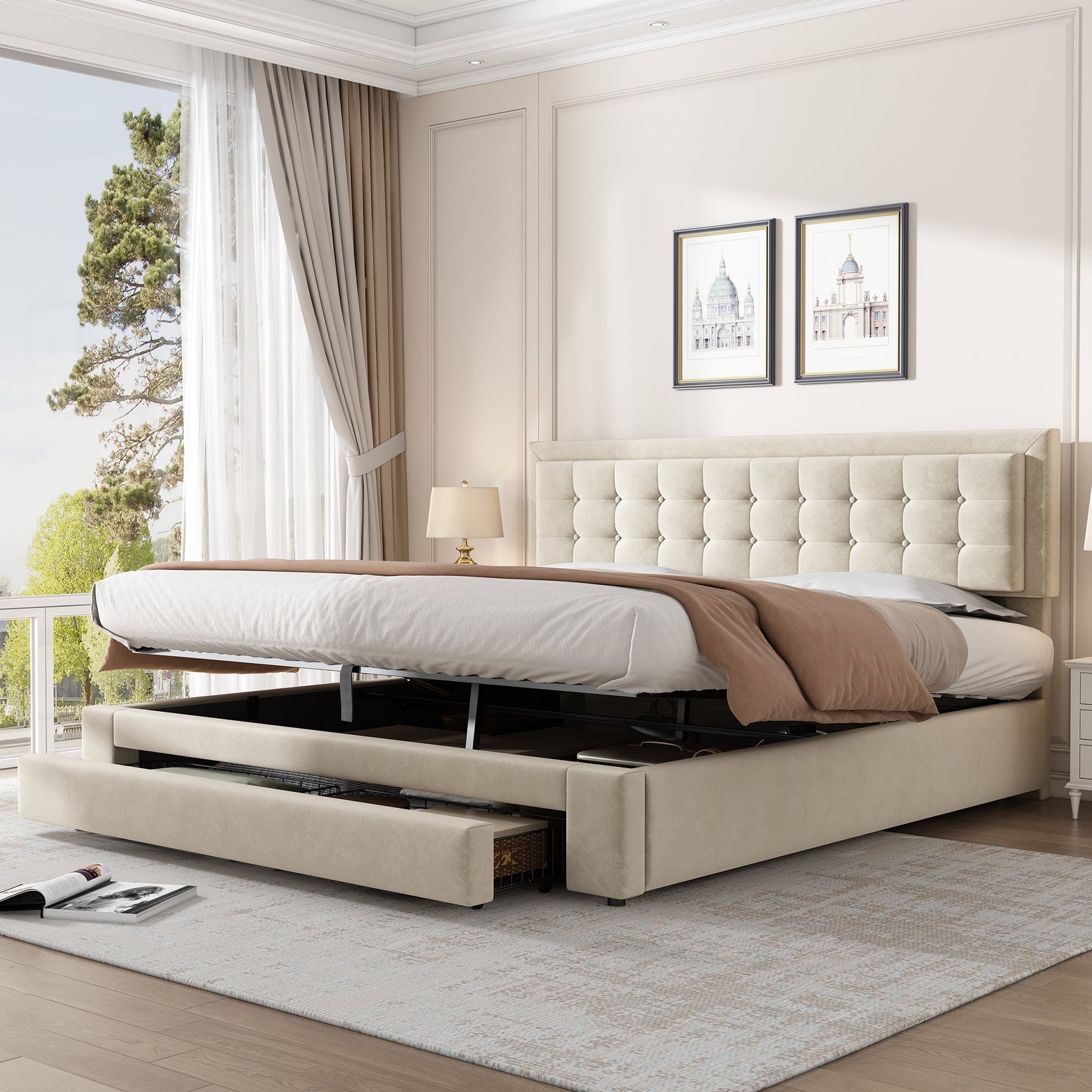 Upholstered Double Bed 160x200cm Storage Box Drawers Slatted Frame - Velvet Beige
