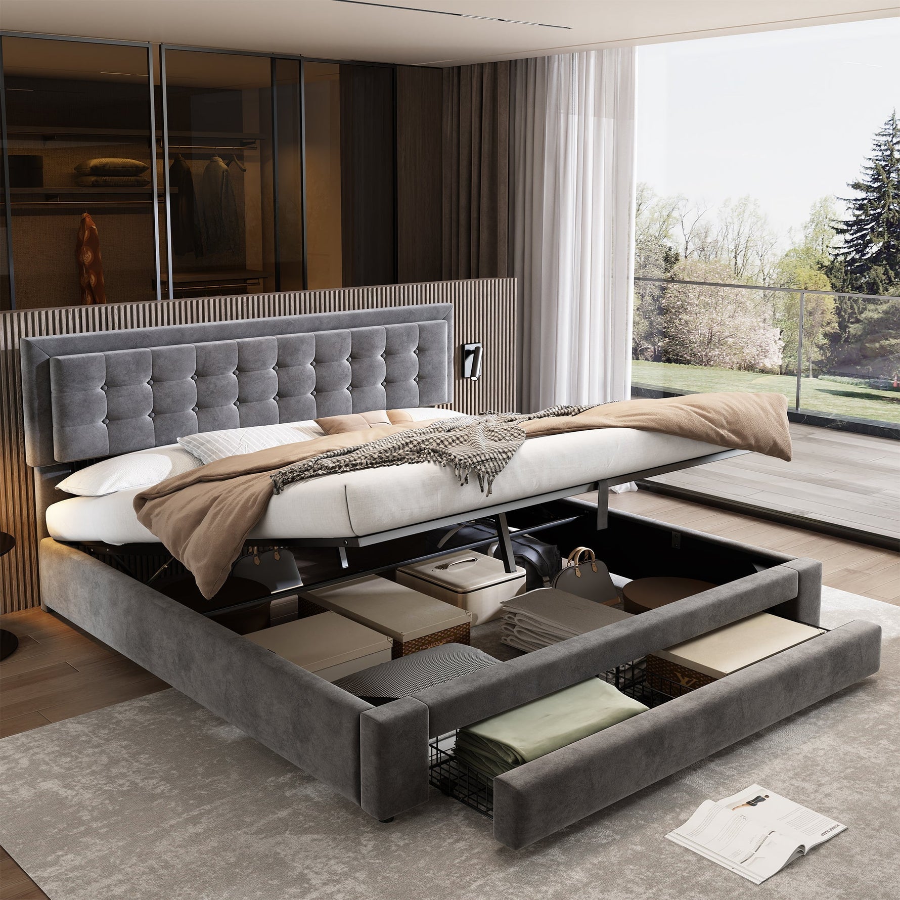 Upholstered Double Bed 160x200 Storage Drawers Slatted Frame - Velvet Grey
