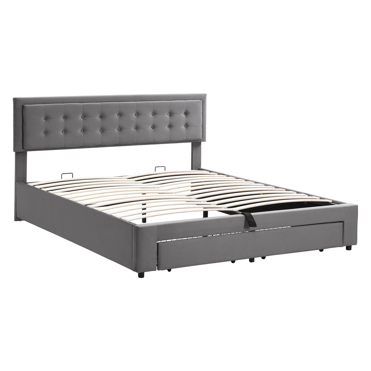 Upholstered Double Bed 180x200 with Storage Drawers, Grey Velvet