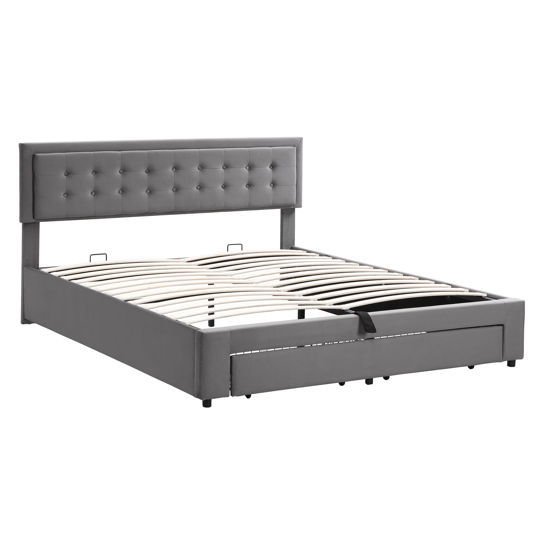 Upholstered Double Bed 160x200 Storage Drawers Slatted Frame - Velvet Grey