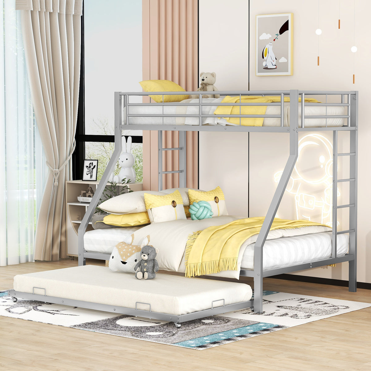 Bunk Bed with Pull-Out Bed, 90(140)x200cm, Silver Metal