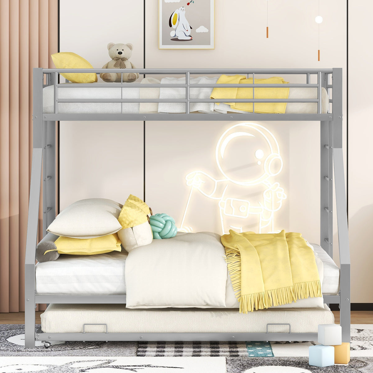 Bunk Bed with Pull-Out Bed, 90(140)x200cm, Silver Metal