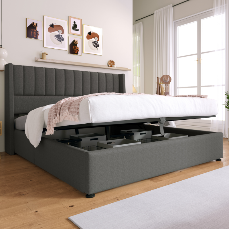 Storage Bed, Hydraulic Double Bed 160x200cm, Linen Grey