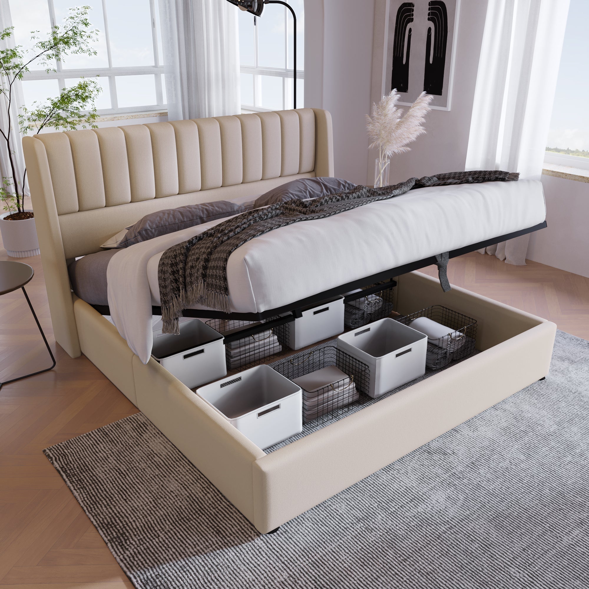 Upholstered Hydraulic Storage Bed, 180x200cm, Beige Linen