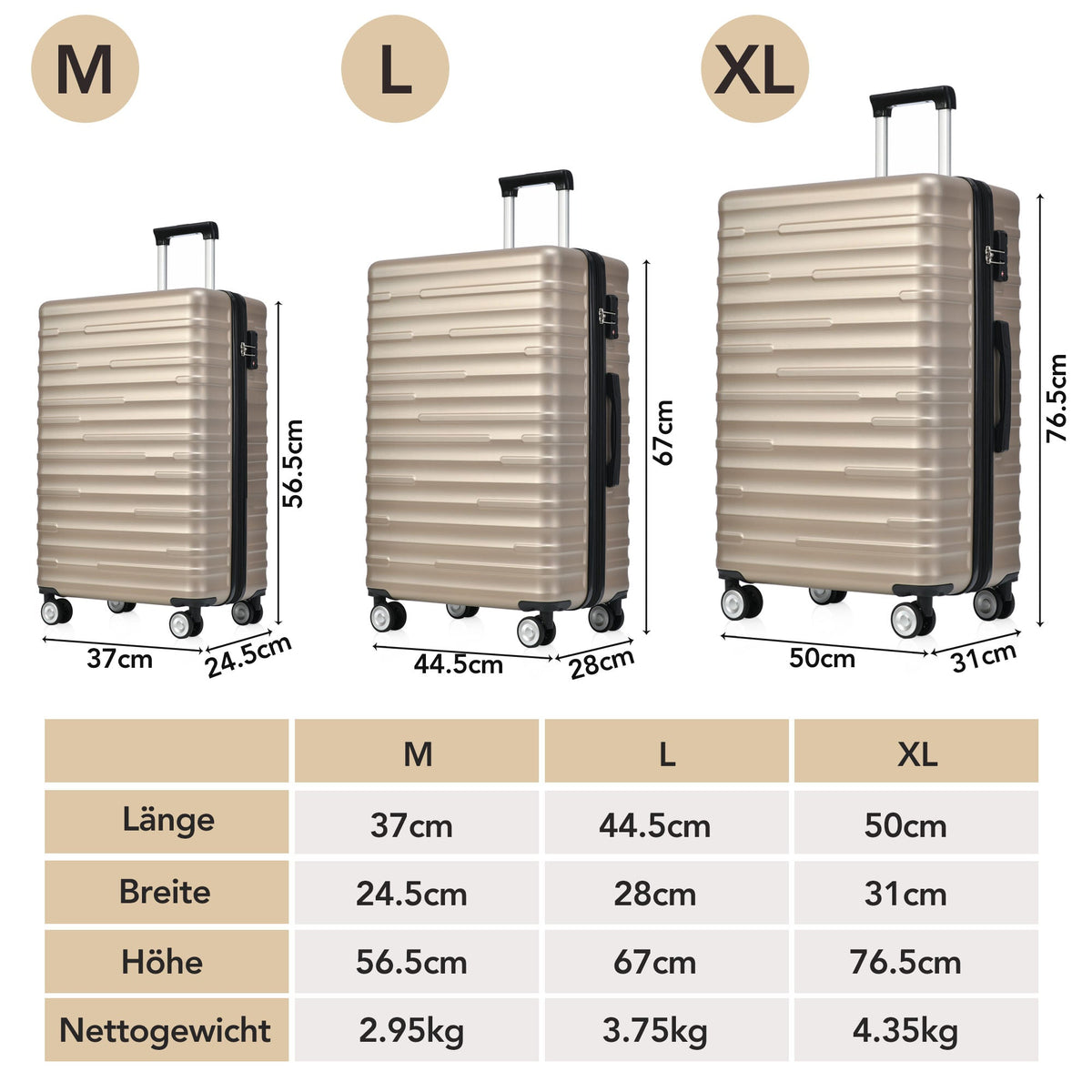 Luggage Set - Expandable, TSA Lock, Waterproof, Telescopic Handle, Gold ABS