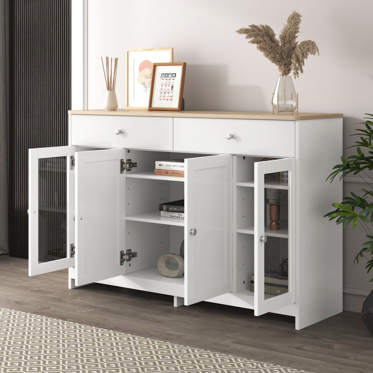Sideboard, 4 Doors, 2 Drawers, Glass Door, White Wood