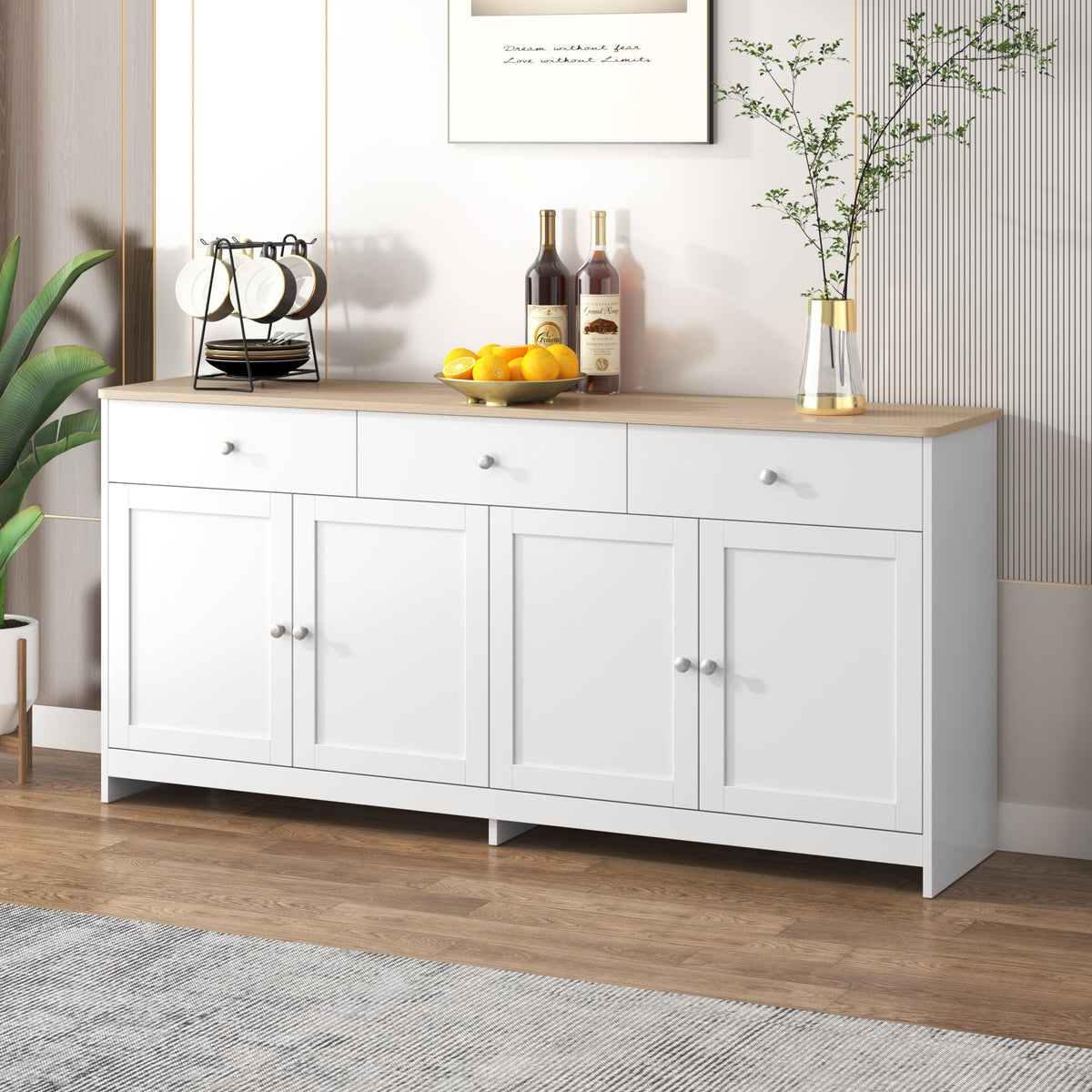 Sideboard, 4 Doors 3 Drawers, Wood Grain White