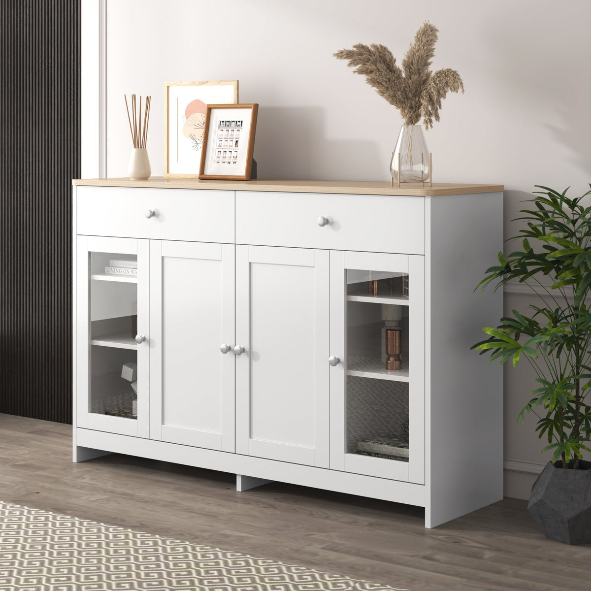Sideboard, 4 Doors, 2 Drawers, Glass Door, White Wood