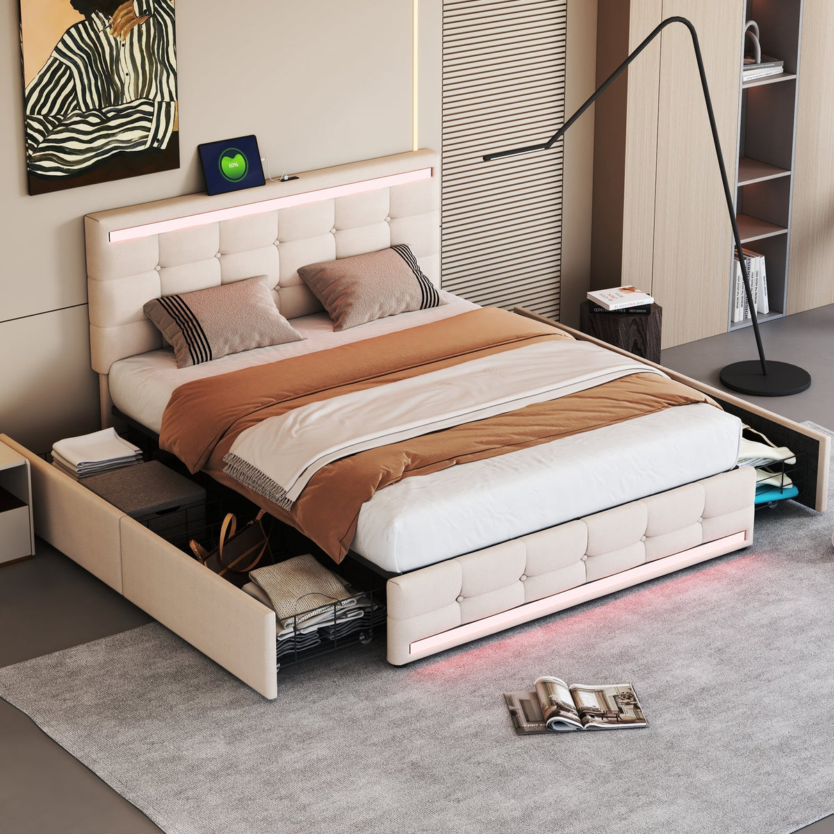 Upholstered Bed, 140x200 LED with 4 Drawers, USB Charging, Beige Linen