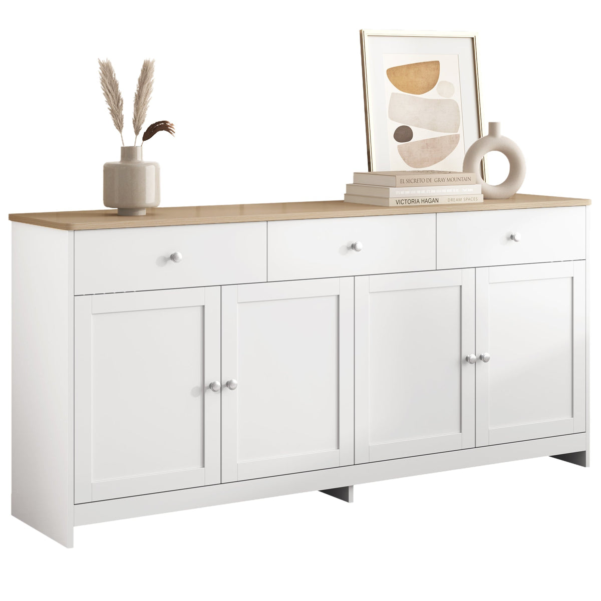 Sideboard, 4 Doors 3 Drawers, Wood Grain White