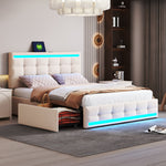Upholstered Bed, 140x200 LED with 4 Drawers, USB Charging, Beige Linen