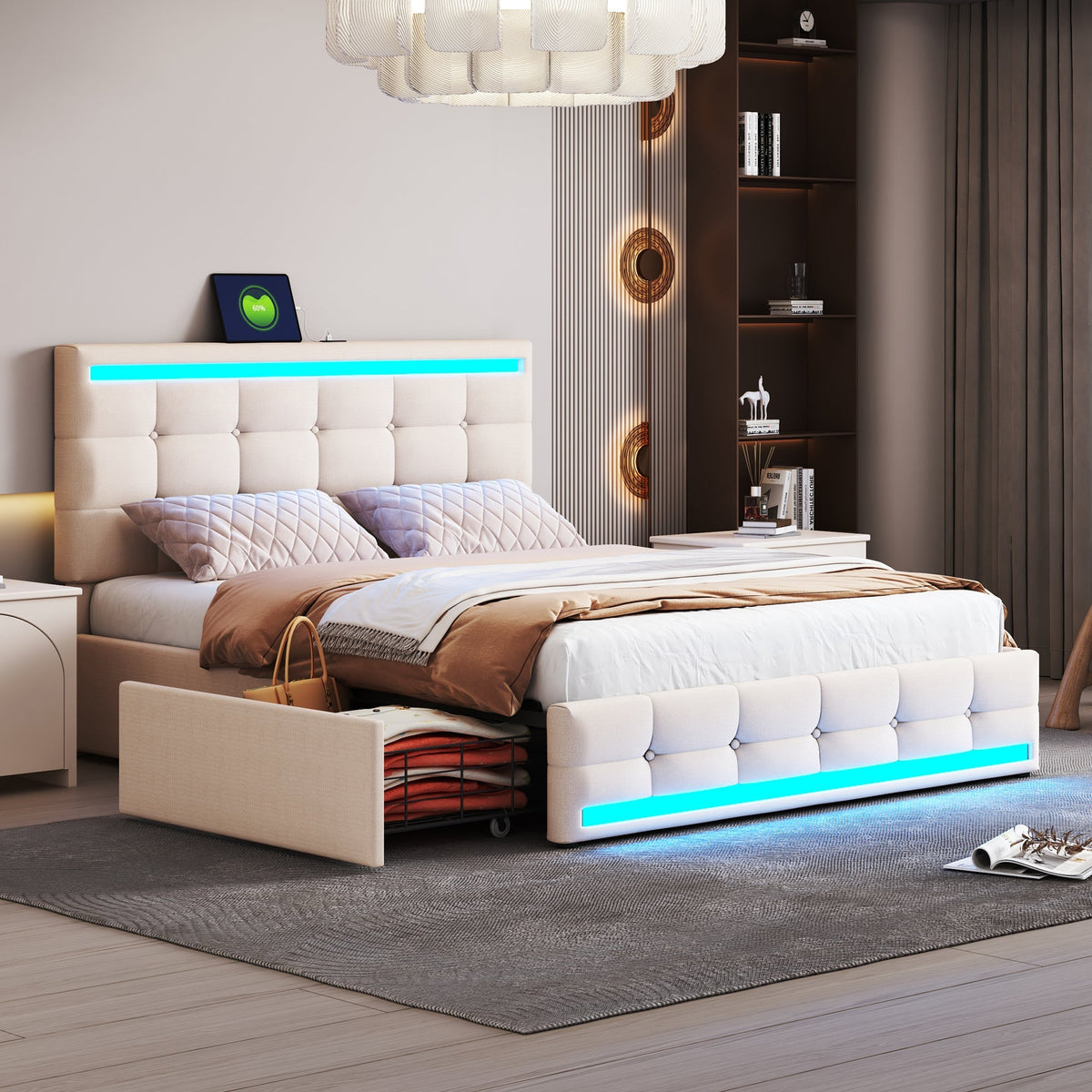 Upholstered Bed, 140x200 LED with 4 Drawers, USB Charging, Beige Linen
