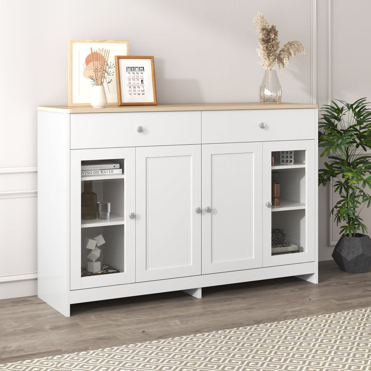 Sideboard, 4 Doors, 2 Drawers, Glass Door, White Wood