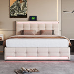 Upholstered Bed, 140x200 LED with 4 Drawers, USB Charging, Beige Linen
