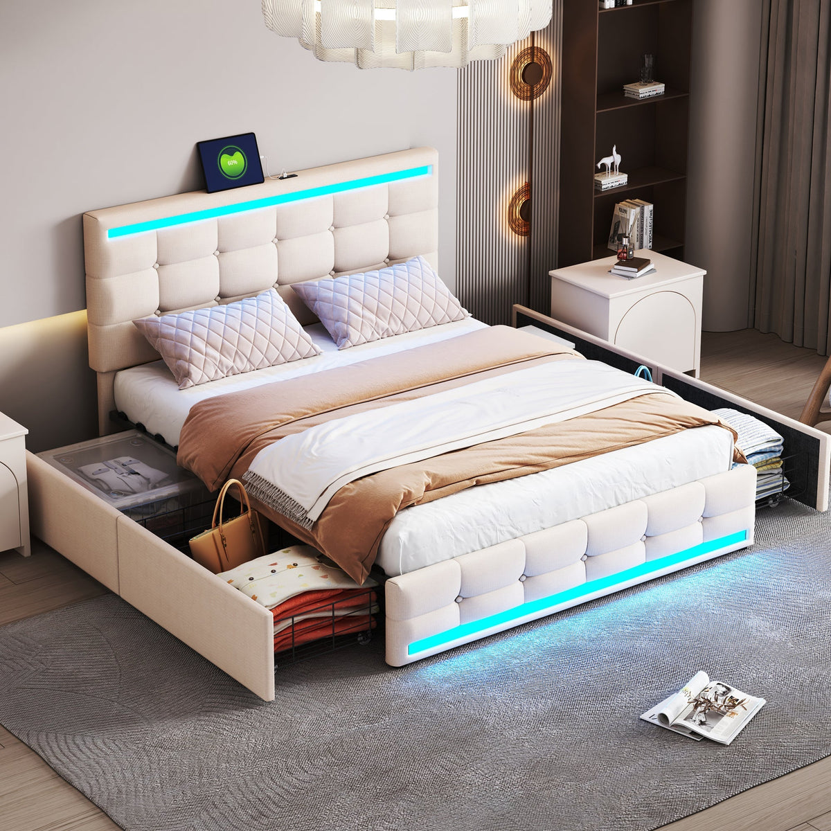 Upholstered Bed, 140x200 LED with 4 Drawers, USB Charging, Beige Linen