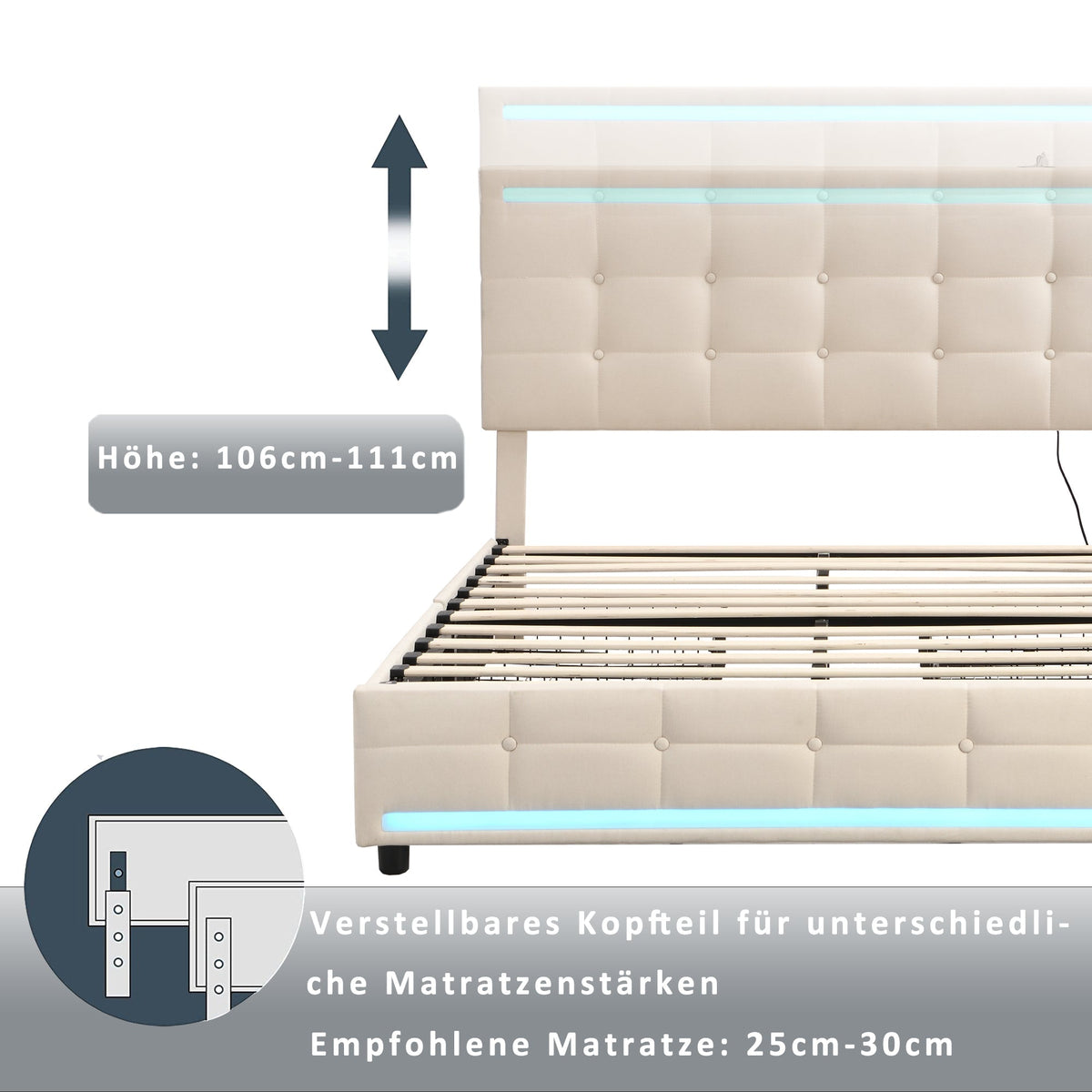 Upholstered Bed, 140x200 LED with 4 Drawers, USB Charging, Beige Linen