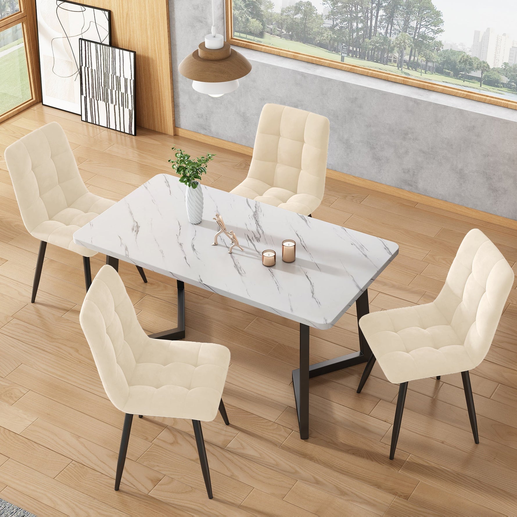 Dining Set 5-Piece 117cm Rectangular Kitchen 4 Chairs Beige Velvet Black