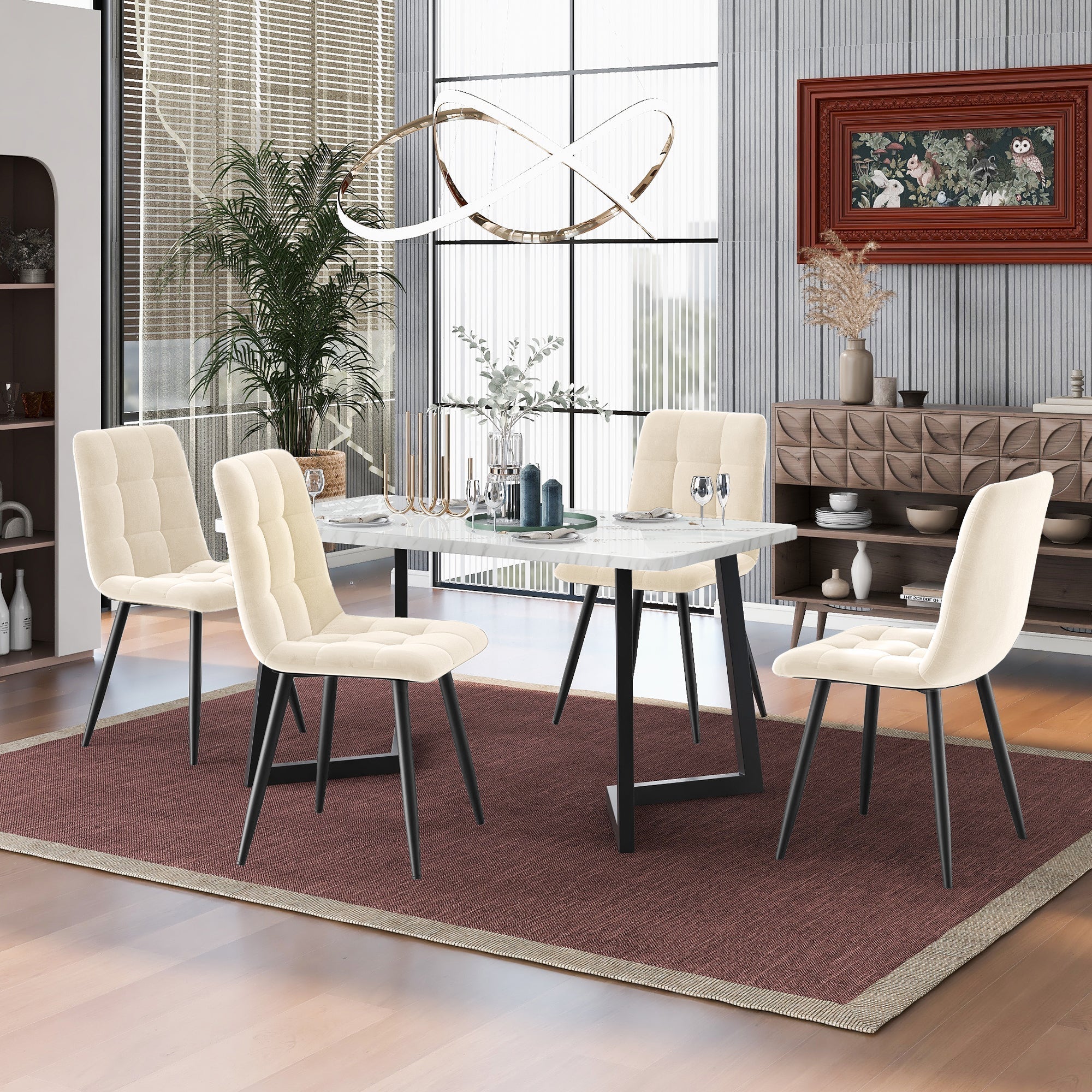 Dining Chair Set of 4 Upholstered with Backrest, Beige Velvet Metal Frame