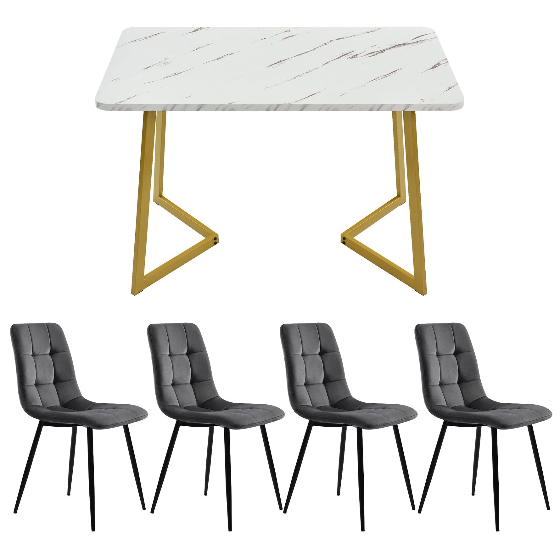 117cm Dining Set Rectangular Table Modern Dark Grey Velvet Chairs Gold Legs